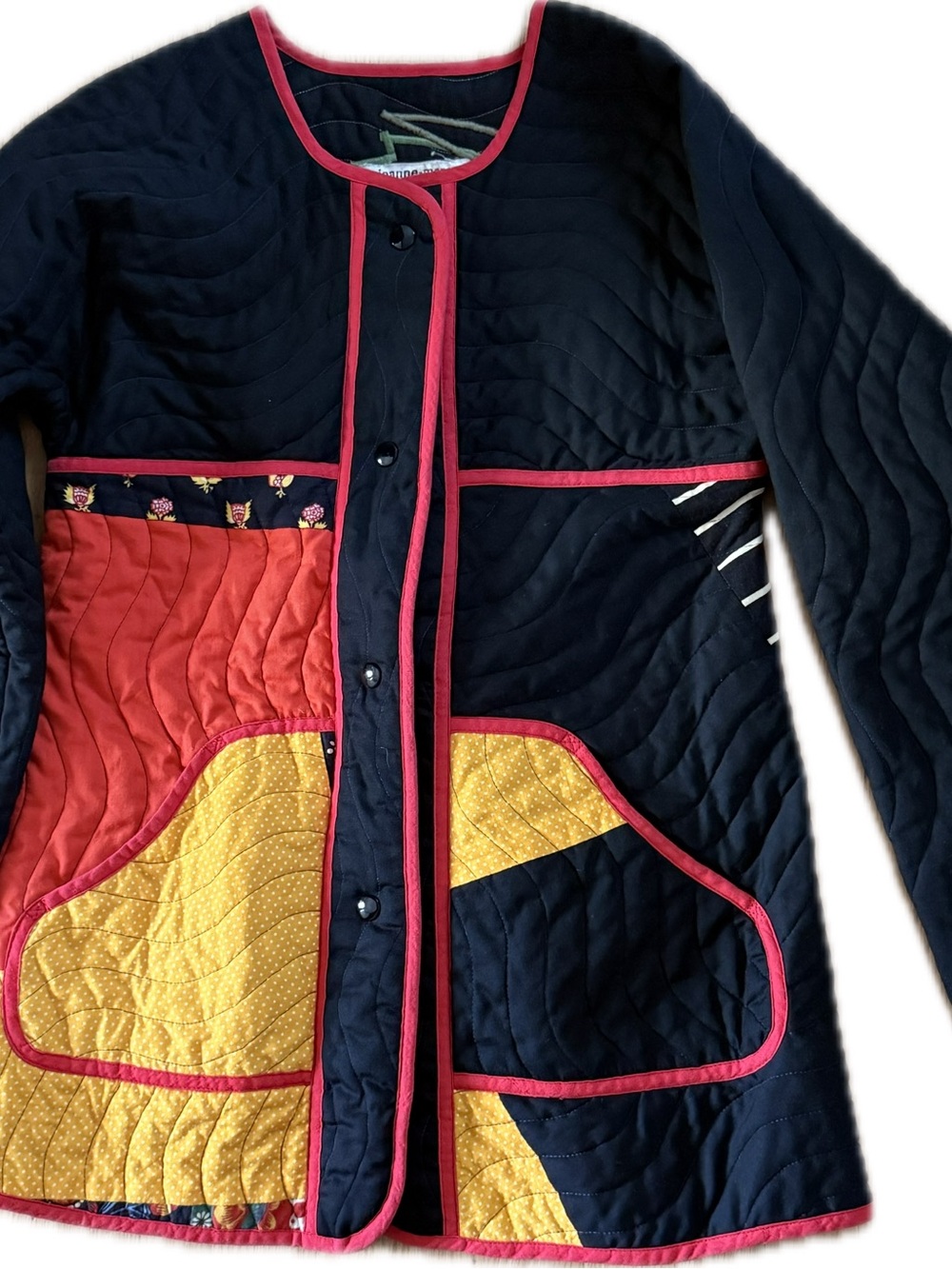 Jeanne Marc Quilted Navy Blazer Jacket with Red & Yellow Trim